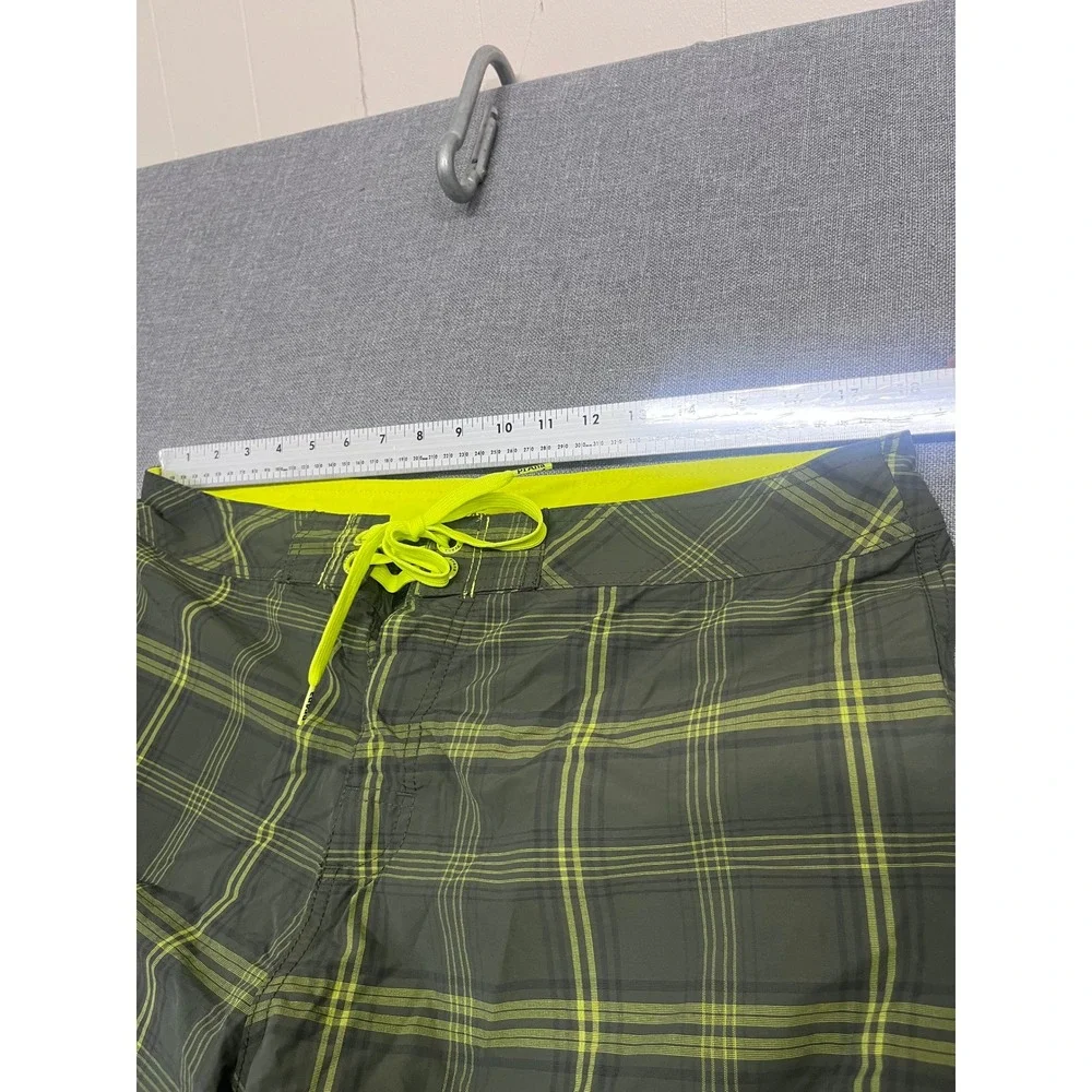Prana Mens Board Shorts 36 Green Yellow Plaid Swim Trunks UPF 50+ RN 124977